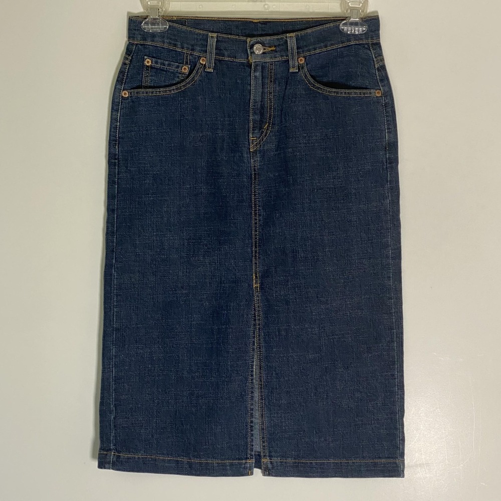 Levis Denim‎ Skirt Womens 8 Blue Stretch Front Slit Midi Jean Pockets Casual